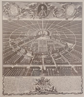 Karlsruhe, Planansicht Fächerstadt, Schloss und Gärten, nach einer Original-Radierung um 1739.