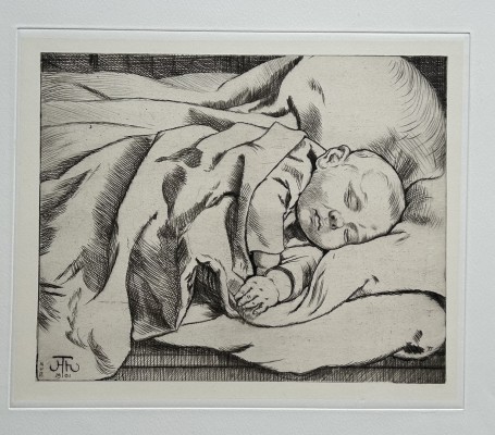 Thoma, Hans (1839-1924) Schlafendes Baby, 1901, Radierung.