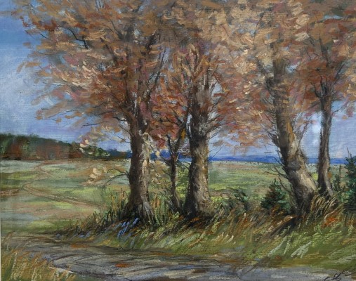 Steinhauser, Erwin (1939-2023) Herbstliche Bäume am Wegrand, Pastellkreide.