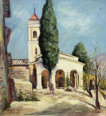 Steinhauser, Erwin (1939-2023) Zwei Kirchen auf Vorder- und Rückseite, Acryl auf Platte.