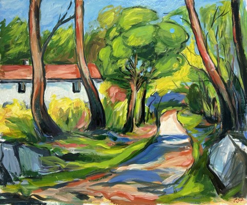 Steinhauser, Erwin (1939-2023) Haus in Landschaft, Acryl auf schwarzem Malkarton.