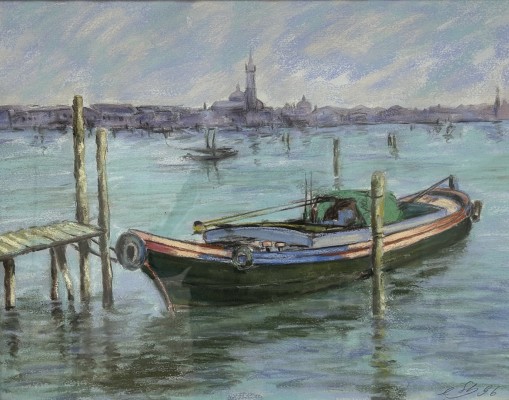 Steinhauser, Erwin (1939-2023) Boot am Steg, Lagune von Venedig, Pastellkreide, 1996.