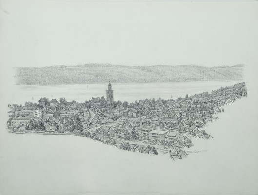 Langer, Wilhelm (20. Jahrhundert) Überlingen und Überlinger See, 1970, Kohle und Bleistift auf Papier.