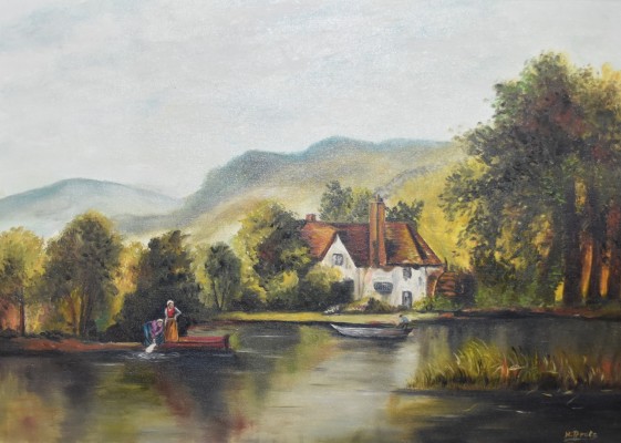 Brotz-Riedmüller, Heidi (20. Jahrhundert) Haus am See, Öl auf Leinwand.