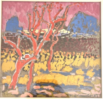 Brunner, Fritz (1908-1996) Bäume im Hegau, Mischtechnik auf Papier, 1981. Im Stile des Pointilismus gemalt, expressionistische Farbgebung, museal gerahmt, könnte die Hegauberge darstellen.