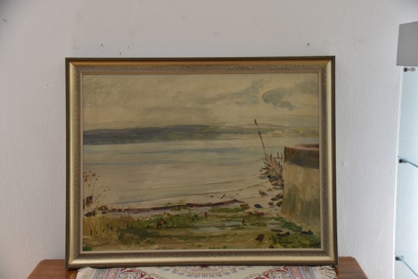 Einhart, Karl (1884-1967) Uferpartie, Blick vom Bootseinlass auf den See, im Hintergrund das andere Ufer, Öl auf Leinwand, 1944.