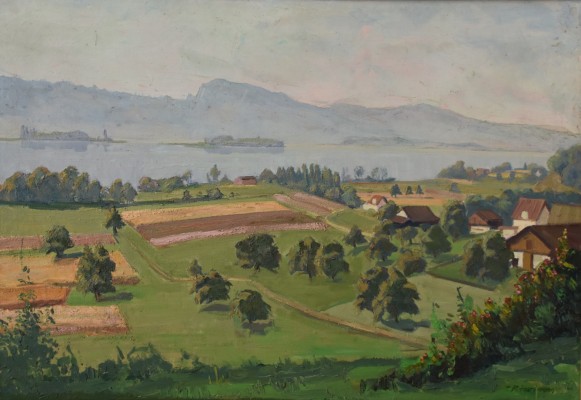 Hartmann, P. (20. Jahrhundert) Bieler See mit Peterinsel, Öl auf Leinwand.