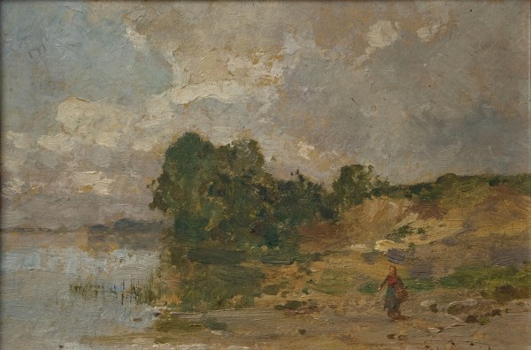 Heinisch, Karl Adam (1847-1923) Wäscherin an der Riß bei Biberach, Öl auf Karton.