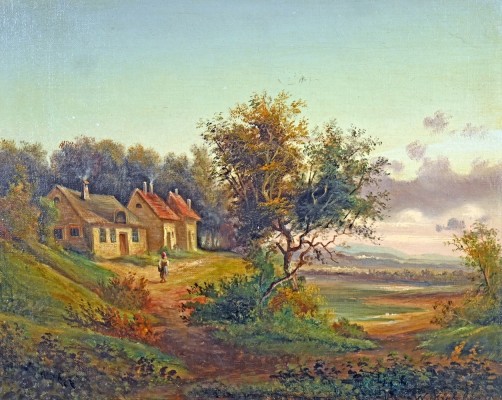 Kühling, Wilhelm (1823-1886) Bauernhäuser in bewaldeter Landschaft, Ölgemälde auf Leinwand.