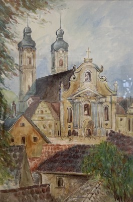 Steinhauser, Erwin (1939-2023) Kirchenfassade, Aquarell / Mischtechnik auf Papier.