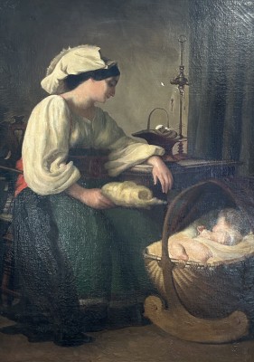 Anonym (18. Jahrhundert) Frau mit Spinnroggen und Wiege, Öl auf Leinwand auf Platte, um 1800.