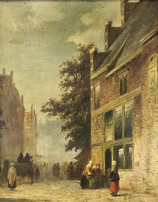 Dekker, Henk (1897-1974) Stadtstraße, wohl Holland, Öl auf Platte, um 1870.