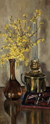 Elah, Gottlieb (1913-2005) Forsythien-Zweig und Gaslampe, Öl auf Leinwand, 1971.