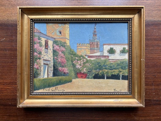 Gallango, Felipe Gil (1868-1938) Garten mit Kirchturm in Sevilla, Öl auf Platte.