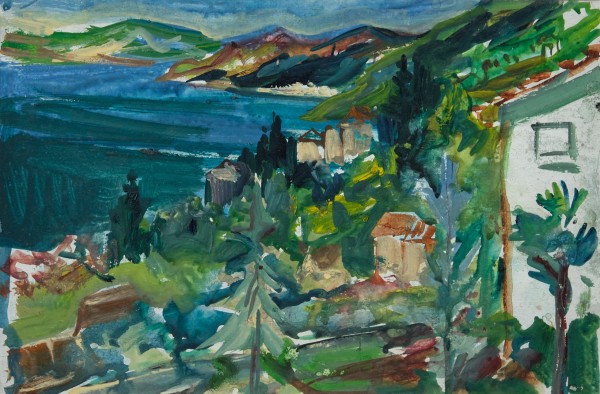 Lange-Brock, August (1891-1978), zugeschrieben Italienisches Dorf, Landschaftsbild in bunten Farben.