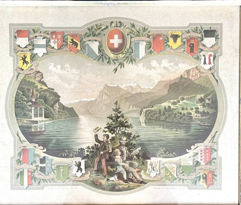 Thellung, A. „Reihe aus Tells Sage“, Farblithographie, um 1900. Verlag Fr. Carli Bodmer, Zürch. Guter Zustand, wohl Urnersee, umrahmt von Wappen Schweizer Städte wie z.B: Basel, Luzern, Thurgau, St. Gallen und vielen mehr.