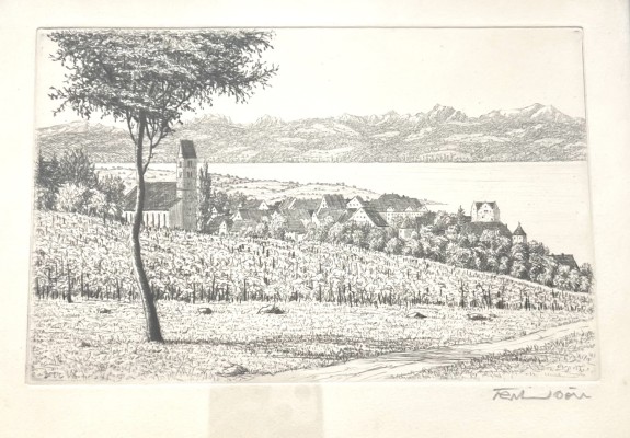 Dörr, Ferdinand (1880-1968) Meersburg, Radierung. Blick auf Meersburg und den See.