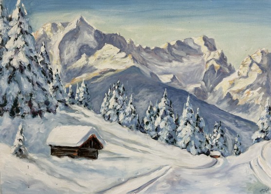 Steinhauser, Erwin (1939-2023) Winterlandschaft in den Bergen, Acryl auf Leinwand.