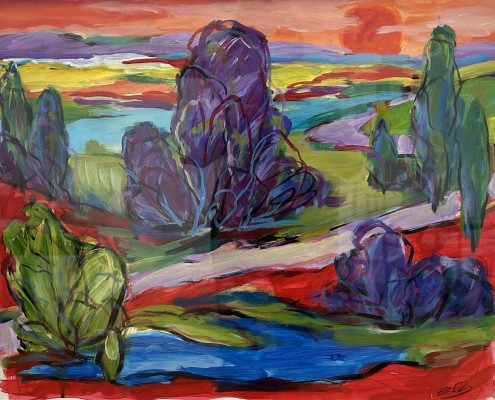 Steinhauser, Erwin (1939-2023) Landschaft in kräftigen Farben, Acryl auf Papier.