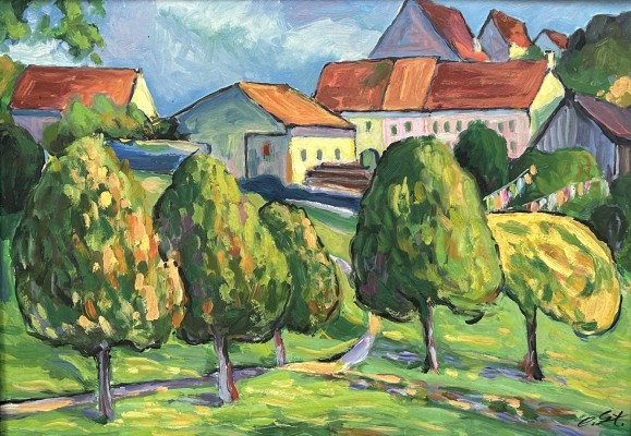 Steinhauser, Erwin (1939-2023) Landschaft in kräftigen Farben, Acryl auf Platte.