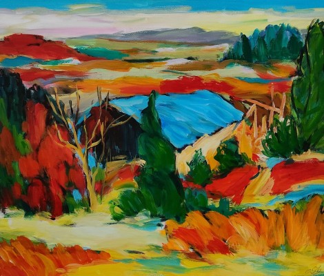 Steinhauser, Erwin (1939-2023) Landschaft in kräftigen Farben, Acryl auf Leinwand.