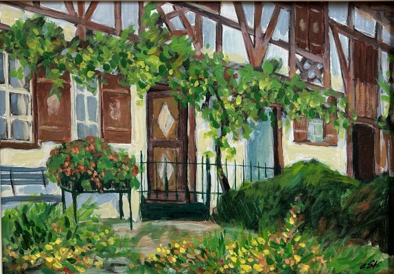 Steinhauser, Erwin (1939-2023) Bauernhaus, Frontansicht mit Fachwerk, Acryl auf Platte.