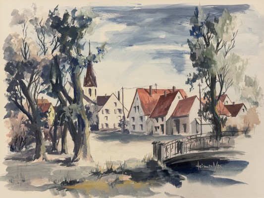 Heimerl (20. Jahrhundert) Blick auf ein Dorf, 1986, Aquarell.