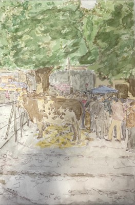 Michael (20. Jahrhundert) Kühe auf dem Marktplatz, 1988, Aquarell.