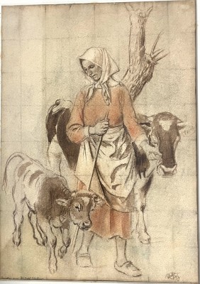 Scheller, Rudolf (1889-1984) Bäuerin mit Kühen, Aquarell.