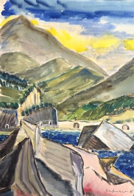 Suter, Willy (1918-2002) Dorfblick auf die Berge, 1985, Aquarell.