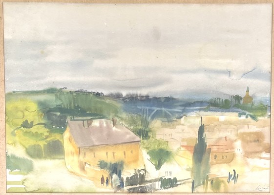 Szaloky, Sandor (1921-1978) Blick auf eine ungarische Stadt, Aquarellzeichnung, 1969. Umgeben von Bäumen, idyllische Lage.