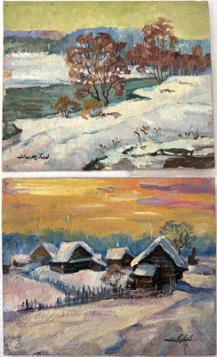 Anonym (20. Jahrhundert) Russische Winterlandschaft, zwei Gemälde, Öl auf Pappe, wohl 1995.