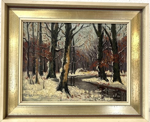 Deuschle, Wilhelm (20. Jahrhundert) Winterlandschaft mit Bachlauf, Öl auf Platte, 1972.