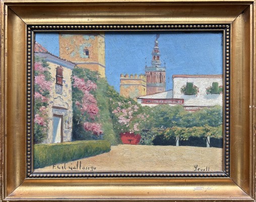 Gallango, Felipe Gil (1868-1938) Garten mit Kirchturm in Sevilla, Öl auf Platte.