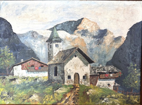 Graf F. (20. Jahrhundert) Hütte in den Bergen, 1947, Öl auf Platte.