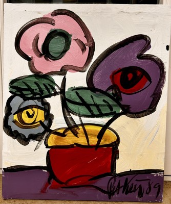 Keil, Peter Robert (geboren 1942) Blumenstillleben, Öl/Acryl auf Betttuch mit Blumendekor, 1989.