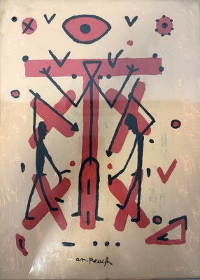 Penck, A.R. (1939-2017) Menschen am Kreuz, Mischtechnik auf Karton.