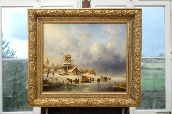 Spohler, Jacob Jan Coenraad (1837- verm. 1922) Windmühle auf schneebedecktem Deich, Öl auf Leinwand, um 1880.