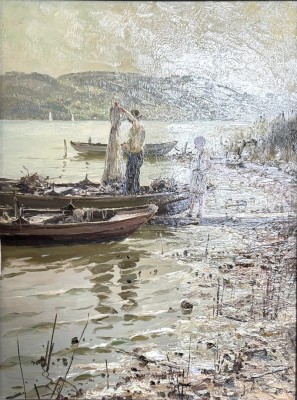 Stadelhofer, Helmut (1914-1979) zugeschrieben Fischer auf der Reichenau, Öl auf Platte.