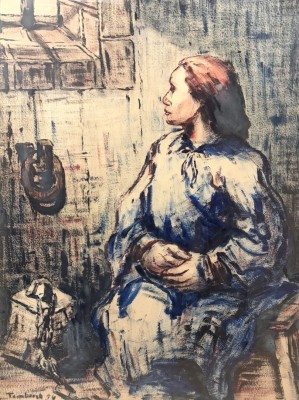 Tombrock, Hans (1895-1966) Junge Frau in Kerkerzelle, 1954, Mischtechnik auf Platte.