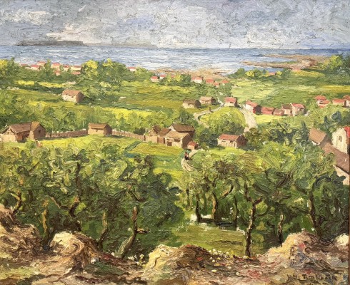 Tombrock, Hans (1895-1966) Küstendorf, 1946, Öl auf Platte.