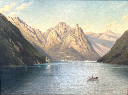 von Baezko, Margarethe (1842-1924) Ruderboot am Bergsee, 1891, Öl auf Leinwand.