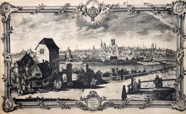 MÜNCHEN Ansicht von der Isarbrücke, Kupferstich 1761